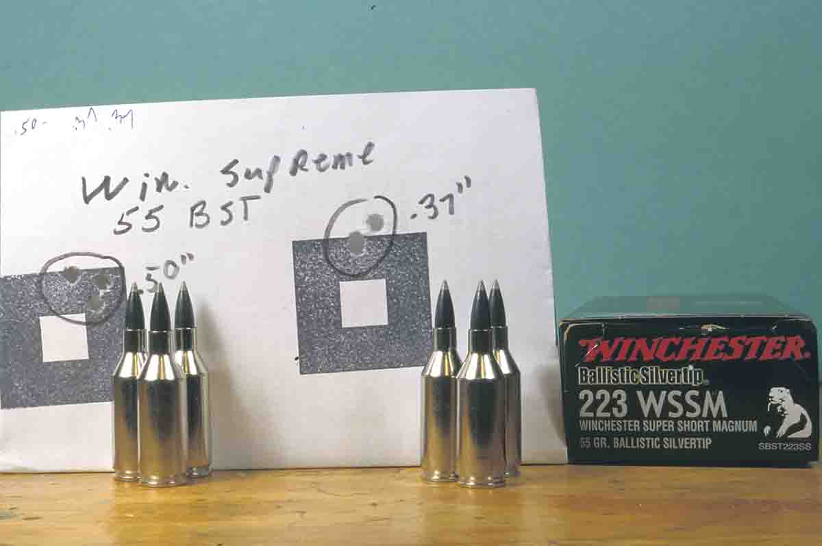 Winchester Supreme factory load with the 55-grain Ballistic Silvertip shot very well in the big Sisk rifle.